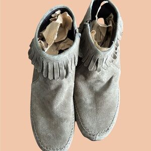 Fringed Suede Ankle Booties - Taupe